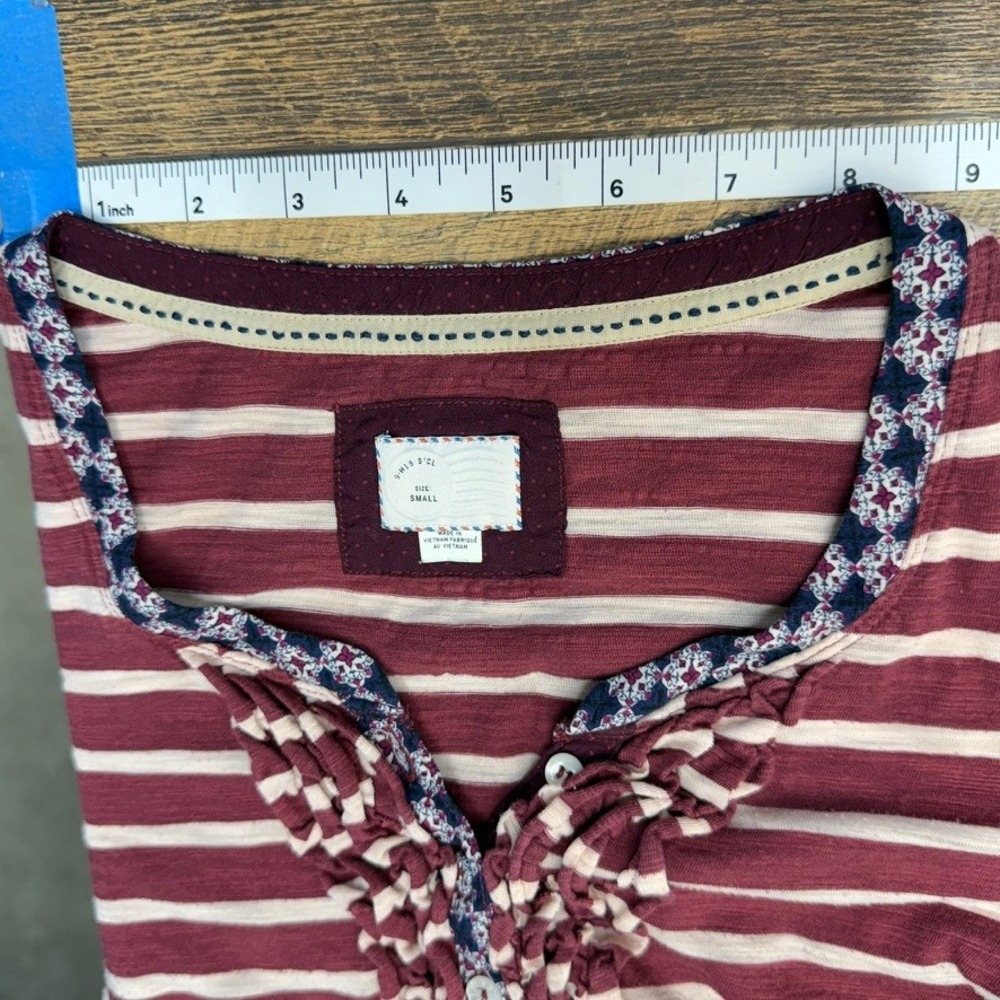 Anthropologie Mavis & Co Striped Ruffle Henley Top Sm Burgundy Shirt Cute Casual - Picture 7 of 13